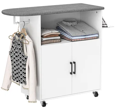 Image de Table à repasser sur roulettes avec tringle à vêtements, compartiment ouvert et planche à repasser, peu encombrante pour la buanderie, 125 x 43,5 x 102,5 cm, blanche