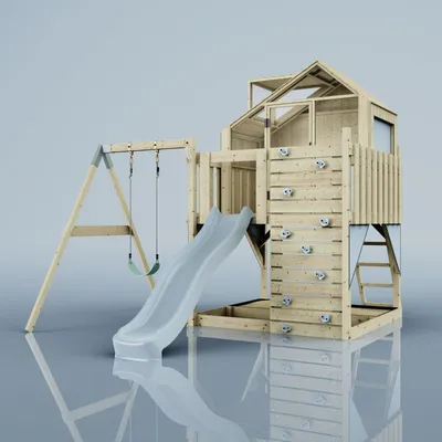 Produktbild von OutdoorToys Spielturm mit Spielhaus inkl. Wellenrutsche und Kinder-Schaukel, Outdoor Klettergerüst Garten, Ausführung: Kinderschaukel, Farbe: Eisblau, mit Kinderschaukel