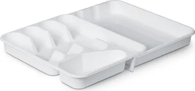 Zdjęcie produktu dla Taca na sztućce do szuflad "wysuwana" kompaktowa wkładka na sztućce (33,5 x 26 do 46 x 4,5 cm) - Biały - Organizer na sztućce - Uchwyt na sztućce do kuchni