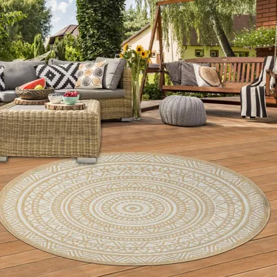 Immagine prodotto di Tappeto Ethno outdoor Tappeto rotondo da giardino in beige e bianco - Moderno, robusto e versatile Dimensioni - 120 cm rotondo