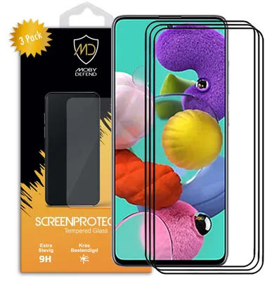 Productafbeelding van 3-Pack MobyDefend Screenprotectors - Geschikt voor  Samsung Galaxy A51  -  Screensavers Met Zwarte Randen - Gehard Glas