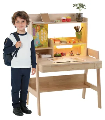 Produktbild von AIORBER Höhenverstellbarer Kinderschreibtisch aus Massivholz mit LED-Licht, USB, Schublade & Stauraum für Kinder Natur