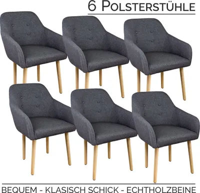 Produktbild von Stühle Esszimmerstühle in 2er, 4er, 6er, 8er Set, Armlehnstuhl Polsterstuhl Stoff Sessel mit Armlehne Echtholz Stuhl Stuhlbeine in Dunkelgrau Kingpower , Stück:6