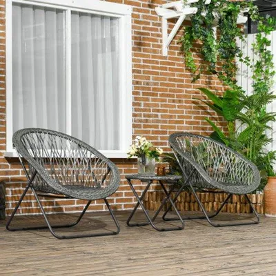 Image de Ensemble de mobilier de jardin comprenant une table basse et 2 fauteuils, avec coussins inclus, en acier gris, idéal pour terrasse et jardin
