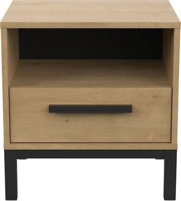 Zdjęcie produktu dla Stolik nocny z 1 szufladą i 1 wnęką, wykończenie w kolorze dębu i matowej czerni, szerokość 44,6 cm - CRAFT