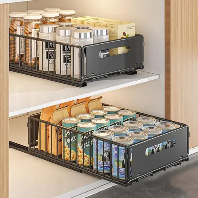 Produktbild von Küchenorganizer, ausziehbar mit Gleitkorb, für Küchenschrank, schwarz, 38x25x10 cm