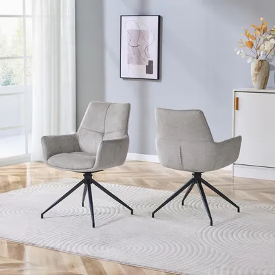 Produktbild von 2er-Set 360° drehbare Esszimmerstühle, grauer Stoff, schwarze Metallbeine, 85 cm