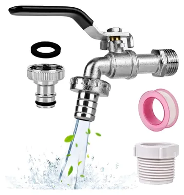 Produktbild von Garten Wasserhahn 1/2 Zoll aus Messing, rost- und frostsicher, mit 2 Schlauchanschlüssen, Rollendichtband und absperrbarem Tropffreien Auslaufventil