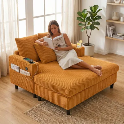 Produktbild von LVHOM Schlafsofa mit LED & USB, Cordstoff Palmensessel, Loungesofa mit Seitentaschen & Getränkehalter, 350kg Tragkraft, 128x85x142 cm, Gelb