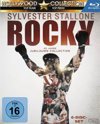 The cover art for a Rocky movie collection, featuring Sylvester Stallone as Rocky Balboa in a triumphant pose, with smaller images of scenes from the movies within his silhouette.