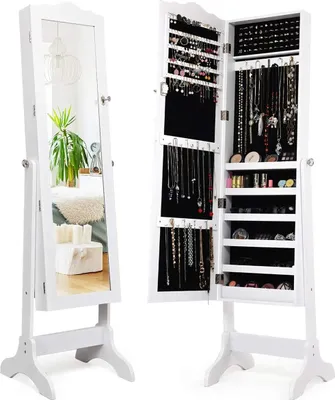 Produktbild von GOPLUS Schmuckschrank mit Spiegel, Freistehendes Schmuckregal mit viel Stauraum, Abschließbarer Spiegelschrank, Verstellbarer Spiegelwinke, Weiß