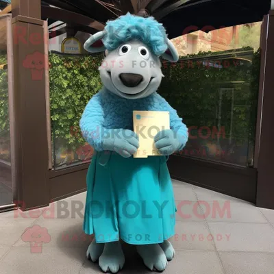 Produktbild von Cyan-Merino-Schaf REDBROKOLY Maskottchen Kostüm figur bekleidet mit einem Empire-Taillenkleid und Geldbörsen