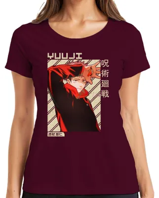 Imagen del producto de Camiseta roja vintage para mujer, estilo anime Jujutsu Kaisen, con el personaje Yuji Itadori. Color: burdeos. Talla: L