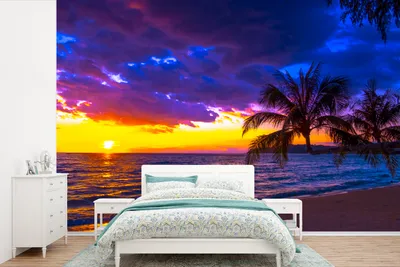 Produktbild von MuchoWow® Fototapete für Wohnzimmer oder Schlafzimmer Wandtapete Vinyl Motivtapete Palme - Lila - Sonnenuntergang - Strand - Meer - 420x280 cm - Zimmer für Kinder