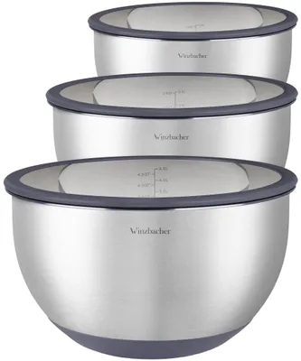 Image de Ensemble de trois bols à mélanger en acier inoxydable avec couvercles en verre