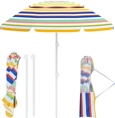Image de COSTWAY Parasol de plage 179cm, parasol de plage résistant au vent stable, UPF 50+, pliable à 30°, parasol de jardin protection solaire avec piquet & sac de transport