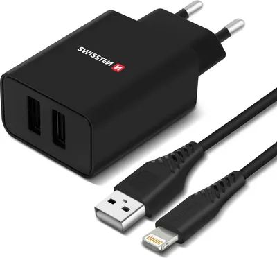 Image de Chargeur secteur USB double 2.1A avec Smart IC + câble Lightning, Swissten - Noir