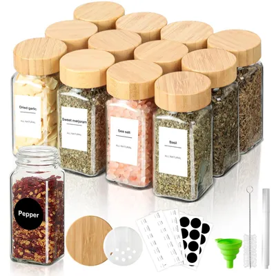 Productafbeelding van Cozary kruidenpotjes, glazen, vierkant, kruidencontainers, 120 ml, set van 12 met bamboe deksel