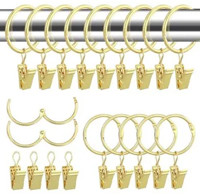 Productafbeelding van Metalen gordijnringen met clips - Set van 32 - Goudkleurig - Geschikt voor gordijnen en meer