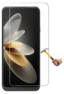 A screen protector is shown being tested with a hammer, with a smartphone in the background.