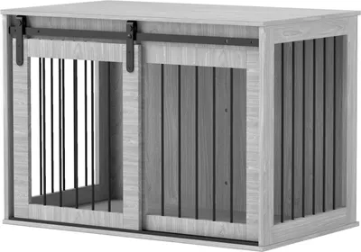 Obrázek produktu pro Klec pro psy do domácnosti, uzamykatelná bouda s vchodem, box pro psy s posuvnými dveřmi, bouda pro velké psy do 30 kg, šedá, 98 x 58 x 61 cm