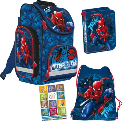 Produktbild von Schulranzen Set Spiderman Marvel Ranzen Federmappe Turnbeutel Aufgabenheft für die Grundschule 4er Set. Geeignet ab der ersten Klasse der Grundschule