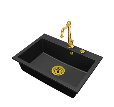 Produktbild von Granitspüle Küchenspüle Einbauspüle 1 Becken Elite 70 mit Armatur und Automatik-Siphon Gold