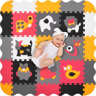 Immagine prodotto di Humbi Tappeto educativo 120 x 120 cm Coperta per giocare Puzzle in schiuma spessa 30 x 30 cm Animali Colore bianco grigio nero rosa arancione colorato
