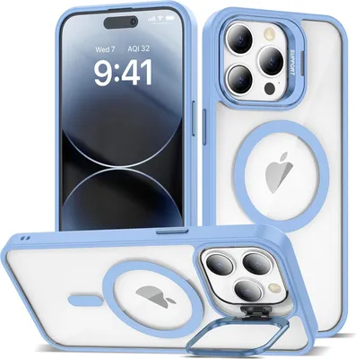 Produktbild von Magnetisch Hülle für iPhone 15 Pro, Kompatibel mit MagSafe, Transparent Rückseite TPU Bumper Handyhülle mit Kameraständer Blau