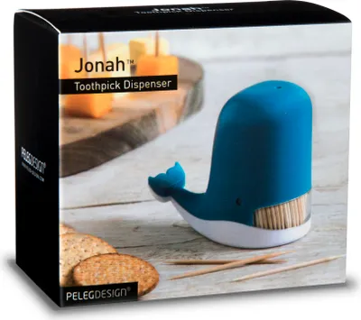 A product box for a whale-shaped toothpick dispenser, with crackers and toothpicks shown on a wooden surface.