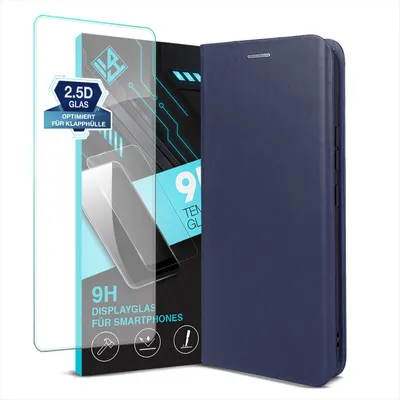 Produktbild von Handyhülle für Samsung Galaxy S26 Ultra mit 9H Displayglas Echtleder Flip Cover Hülle Case Kartenfach RFID Schutz Farbe: Blau