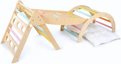 Imagen del producto de Estructura de escalada para niños, 6 en 1, de madera, en colores pastel. Incluye un triángulo de escalada Pikler, una barra de escalada, un tobogán y cojines. Plegable. Juguete Montessori para niños de 1 a 5 años