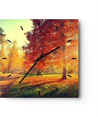 Produktbild von Wanduhr - Quadrat - Glasuhr - Park Herbst Baum - 40x40cm - Schleichendes Uhrwerk - Lautlos - zum Aufhängen bereit - Dekoration Modern - Wanddekoration aus Glas - C3AC40x40-3654