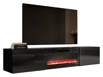 A black TV stand with a built-in electric fireplace and a large black television mounted above it.