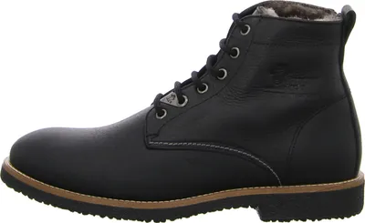 A side view of a black leather boot.