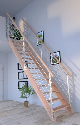 Produktbild von Holztreppe Rhodos in gerader Ausführung-Buche-Design Geländer Edelstahl-beidseitig-ohne Setzstufen