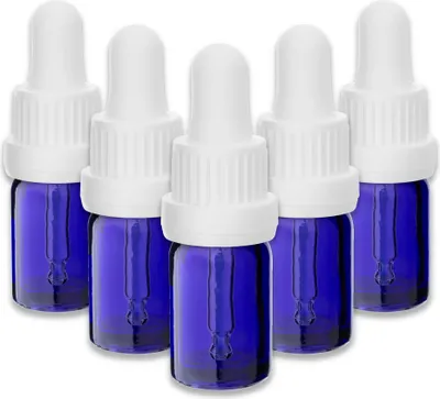 Produktbild von 5x Blaue Glasflasche 5 ml mit weißer Pipette Tropfflasche Nachfüllbar