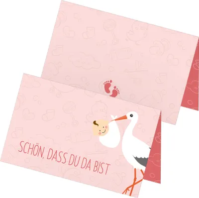 Produktbild von itenga 24x Tischkarten "Storch mit Baby / Schön dass du da bist" rosa pastell