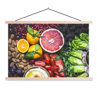 Produktbild von MuchoWow® Textilposter Gemüse - Obst - Farben 120x80 cm mit holzfarbenen Rahmen - Aufhängeset