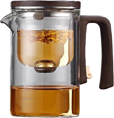 Obrázek produktu pro Skleněná konvice na čaj s magickým systémem oddělování vody, 1 kus, žáruvzdorné borosilikátové sklo a rukojeť z přírodního dřeva, pro nalévání bez tlaku a příjemné servírování.
