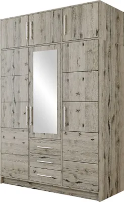Produktbild von MIRJAN24 Kleiderschrank Bali D3 mit Schrankaufsatz, Drehtürenschrank, Garderobe mit Drehtüren, Spiegel und Schubladen, Schlafzimmer (Farbe: Wellington Eiche)