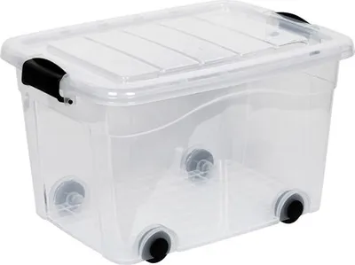 Produktbild von Rollboxen 40 Liter Volumen mit Deckel. In Transparenter Ausführung aus robustem Kunststoff
