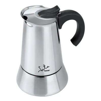 A stainless steel Italian coffee maker on a white background.