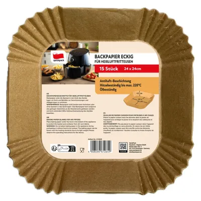 Produktbild von 24x Backpapier für Heißluftfritteuse eckig 24x24x5 cm – 15 Stück pro Packung, antihaftbeschichtet hitzebeständig und ideal zum fettarmen Frittieren