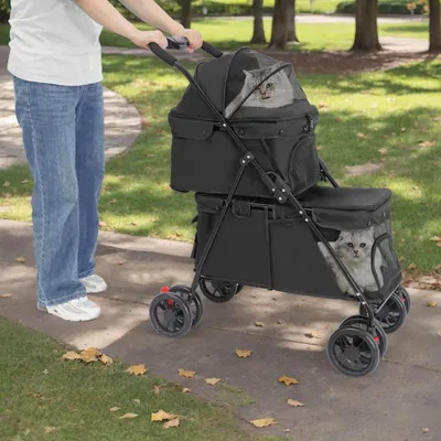 Immagine prodotto di Carrello per animali domestici - Passeggino pieghevole a due piani per cani e gatti - Per più animali domestici - Cinture di sicurezza - Vano portaoggetti - Per cani e gatti di taglia piccola e media - Nero