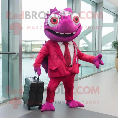 Imagen del producto de Personaje REDBROKOLY de traje de mascota Magenta Piranha vestido con una chaqueta de traje y maletines