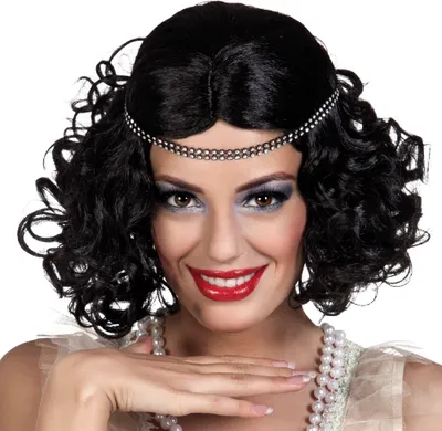 Produktbild von Pruik 20's Charleston Flapper Kort Gekruld Zwart, met Hoofdband