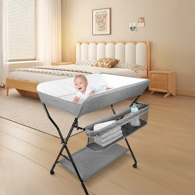 Image de Table à langer Table à langer mobile Table à langer pliable avec panier de rangement Hauteur réglable gris