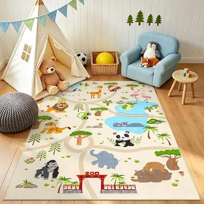 Imagen del producto de Alfombra de juego grande para niños, ultra suave, antideslizante, lavable. Alfombra con motivos de animales de la selva, ideal para niñas y niños. Alfombra para juegos, dimensiones: 150 x 200 cm
