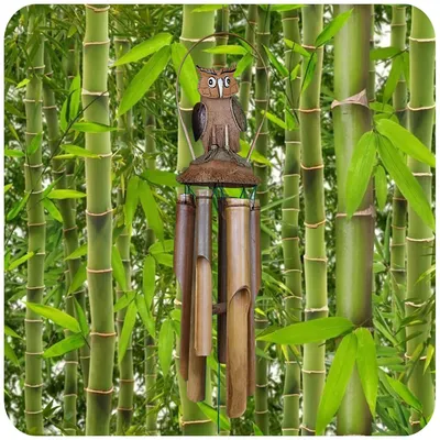Image de Carillon sonore en bambou Tubes sonores Détente Jardin Cloche de porte Noix de coco Hibou, grand modèle